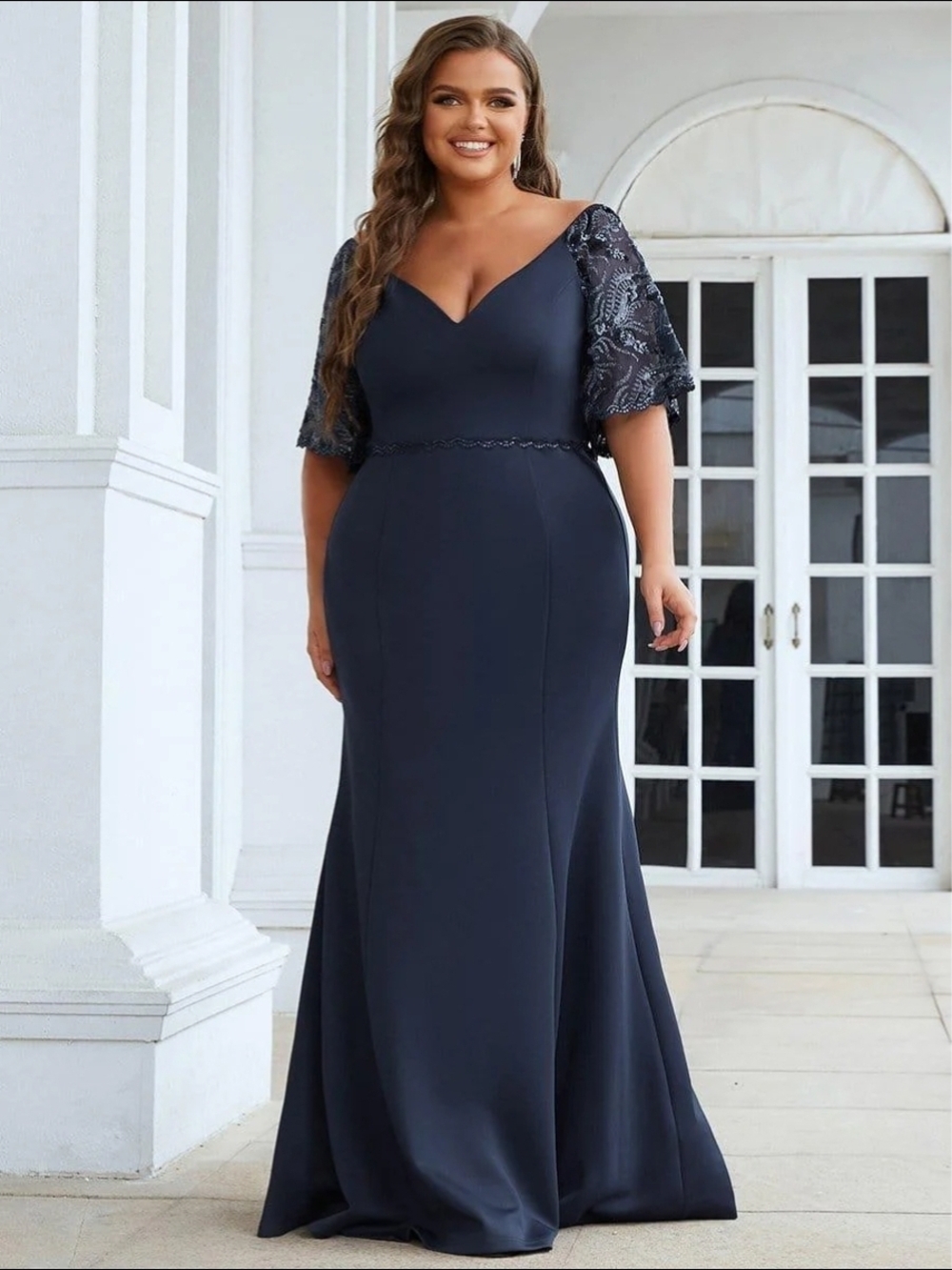 Ever Pretty Navy V-Neck Maxi Gown with Lace Flutter Sleeves
